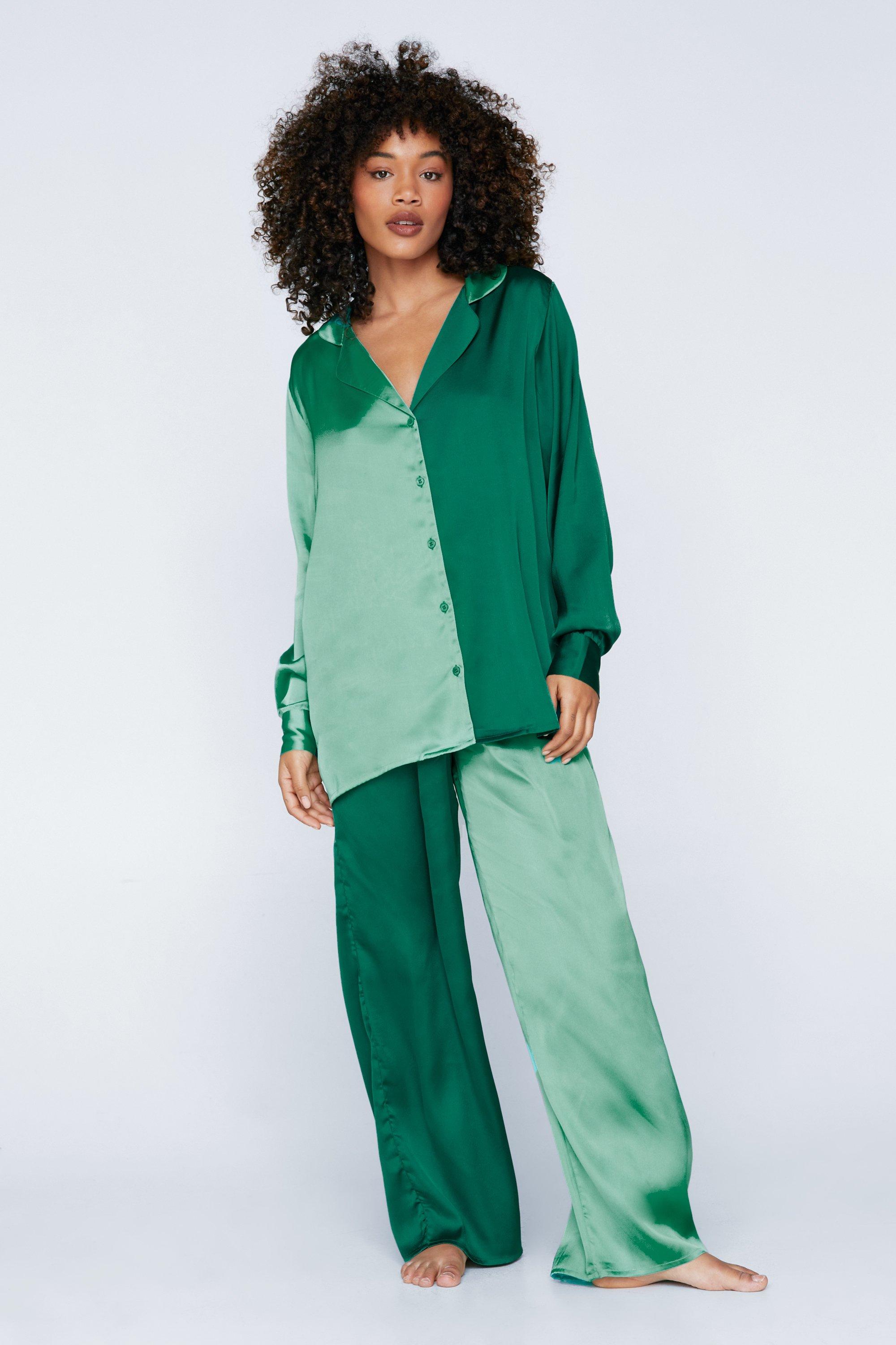 Satin Colorblock Pajama Shirt and Pants Set