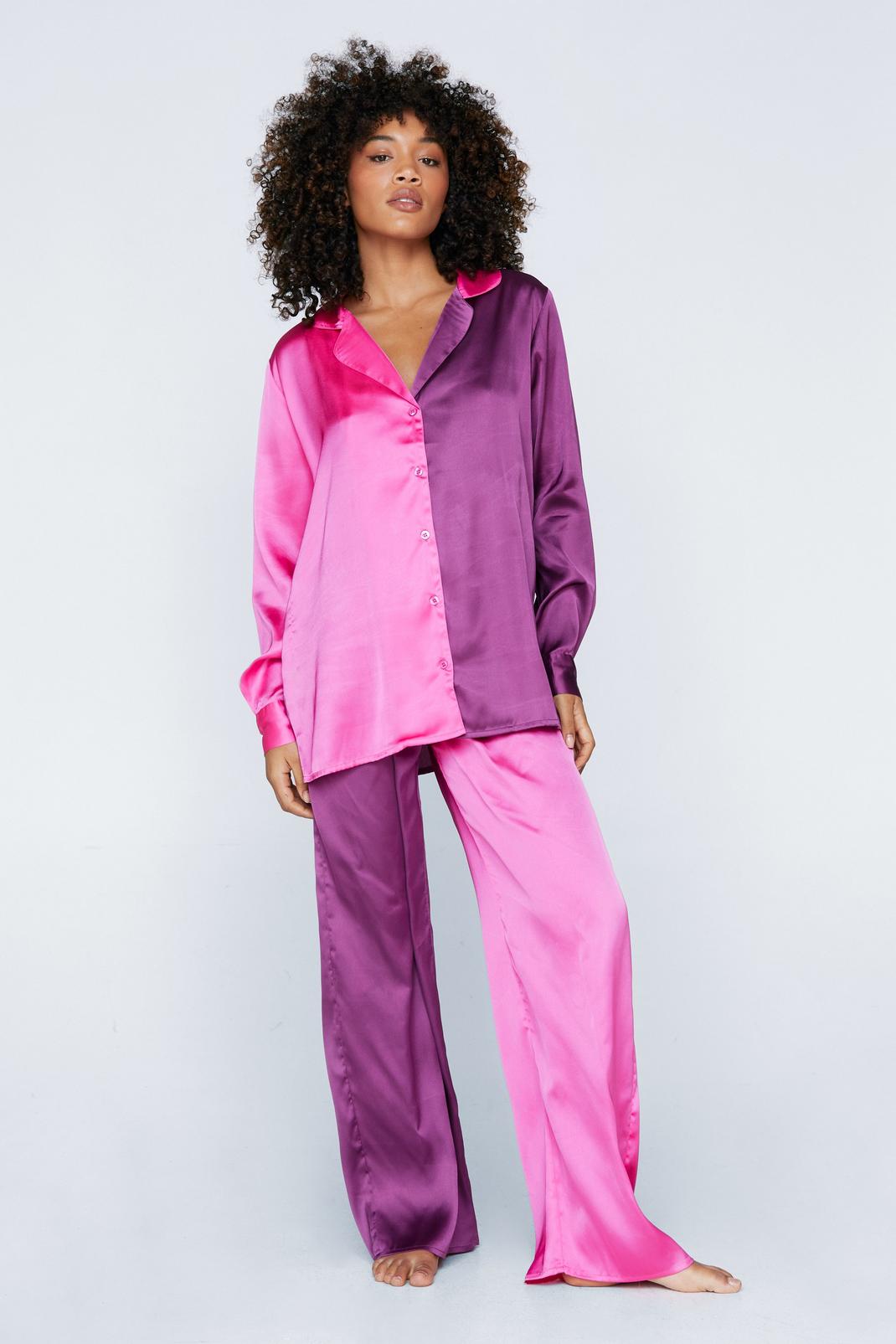 Hot pink Satin Colourblock Pyjama Shirt and Trouser Set image number 1