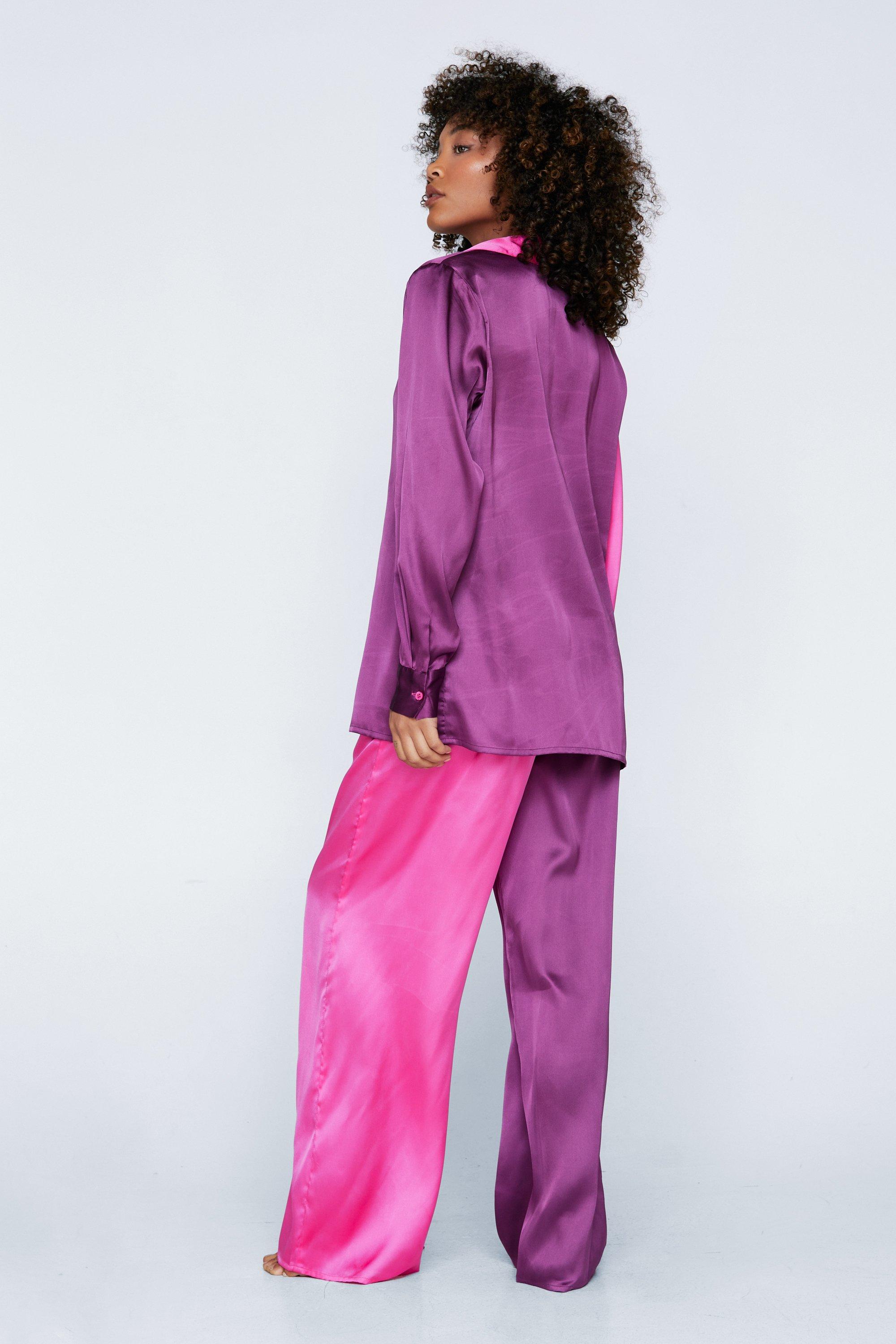 Satin Colorblock Pajama Shirt and Pants Set