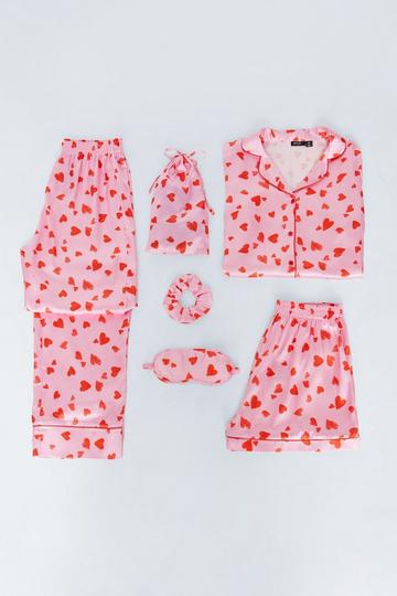 Pink 6-pc Satin Heart Print Pajama Set