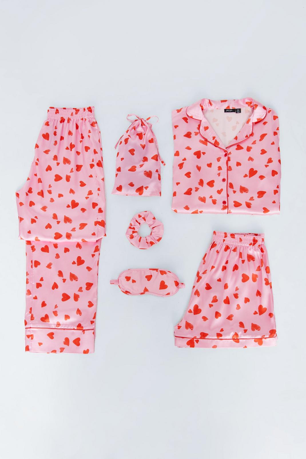 Pink 6-pc Satin Heart Print Pyjama Set image number 1