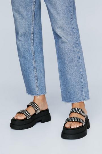 Black Faux Leather Double Strap Studded Chunky Platform Sandals