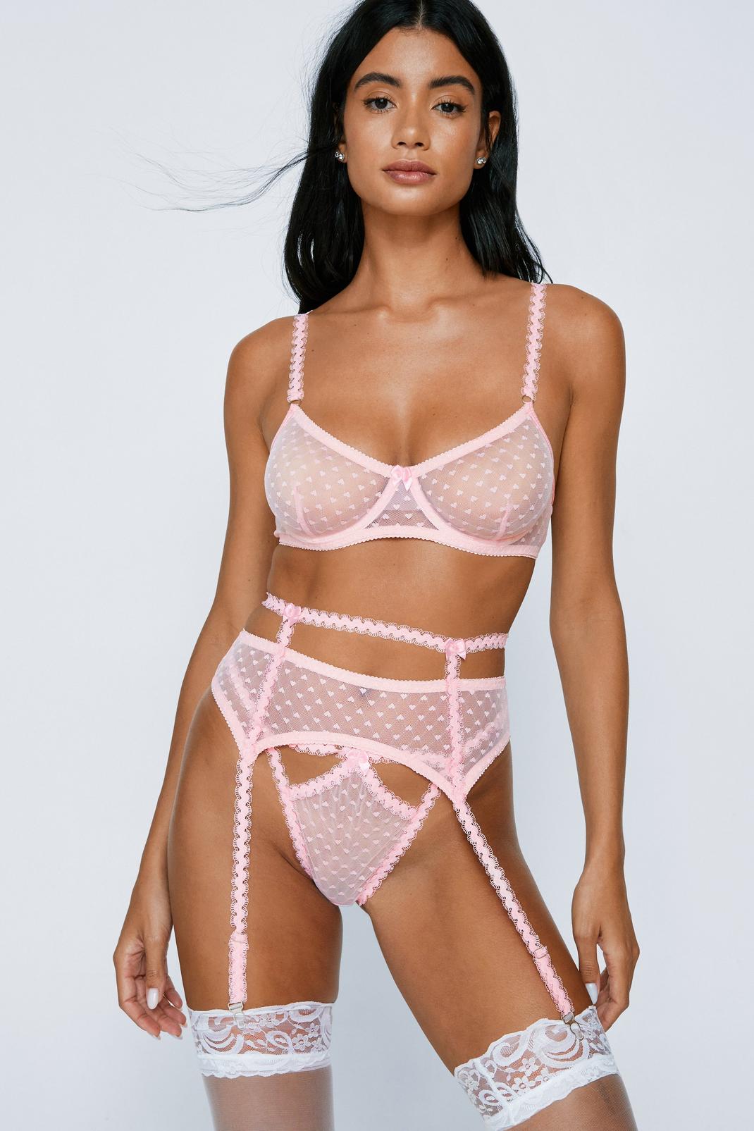 Pale pink Dobby Mesh Underwire Zig Zag Strap Bow 3pc Lingerie Set image number 1