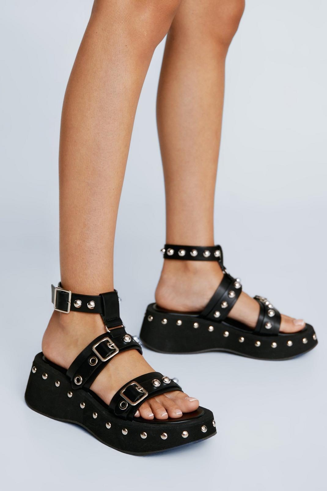 Black Buckle Studded Ankle Strap Flatform Sandals image number 1