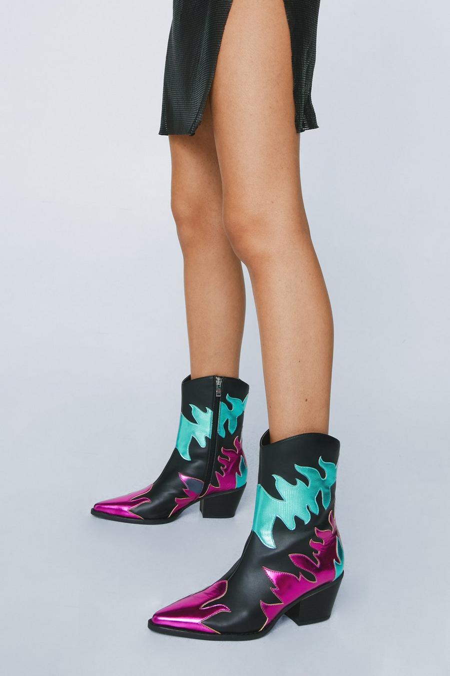 Faux Leather Flame Contrast Cowboy Boot