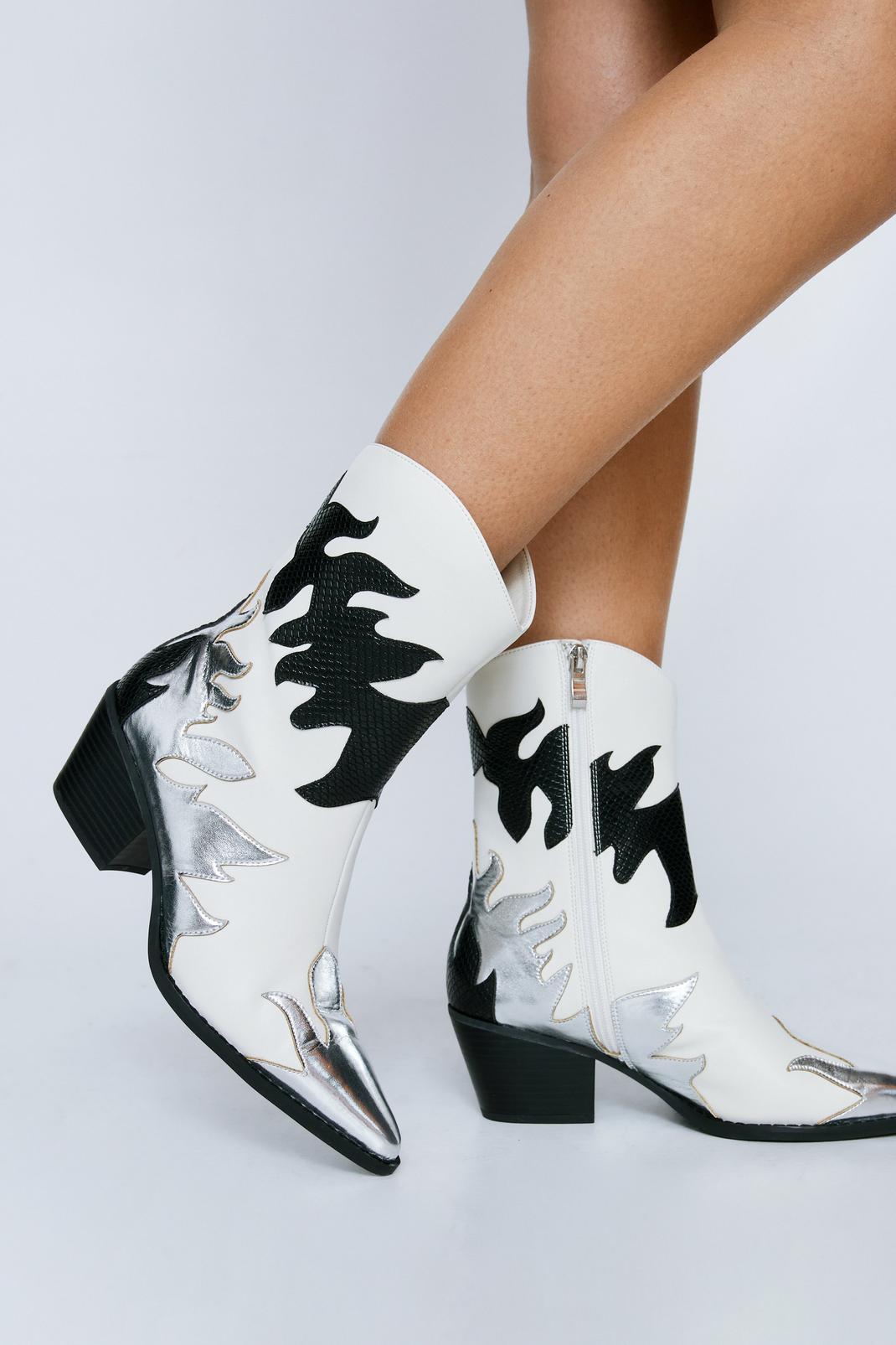 White Faux Leather Flame Contrast Cowboy Boots image number 1