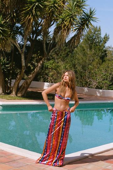 Satin Blurred Stripe Underwire Bikini And Skirt 3pc Set multi