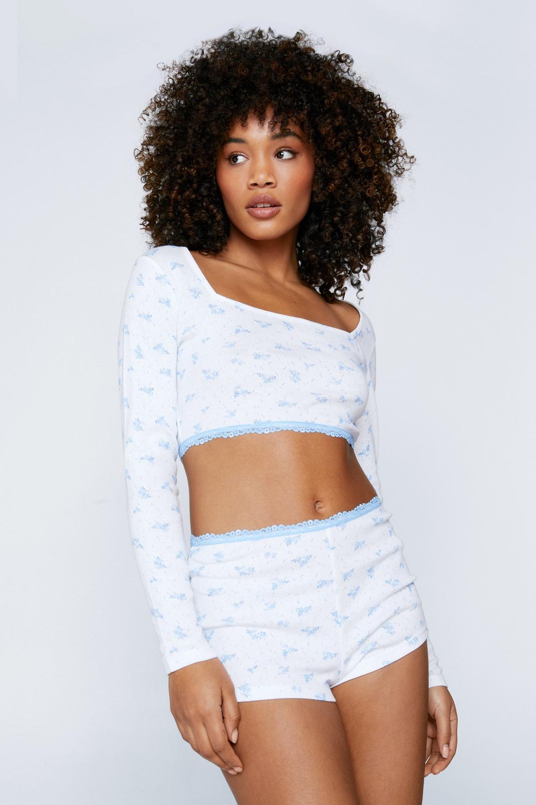 Blue Floral Print Pointelle Lace Trim Crop & Shorts Pajama Set image number 1