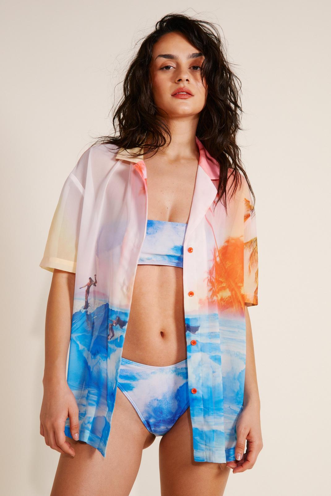 Ensemble 3 pièces imprimé surf avec bikini et chemise , Multi image number 1