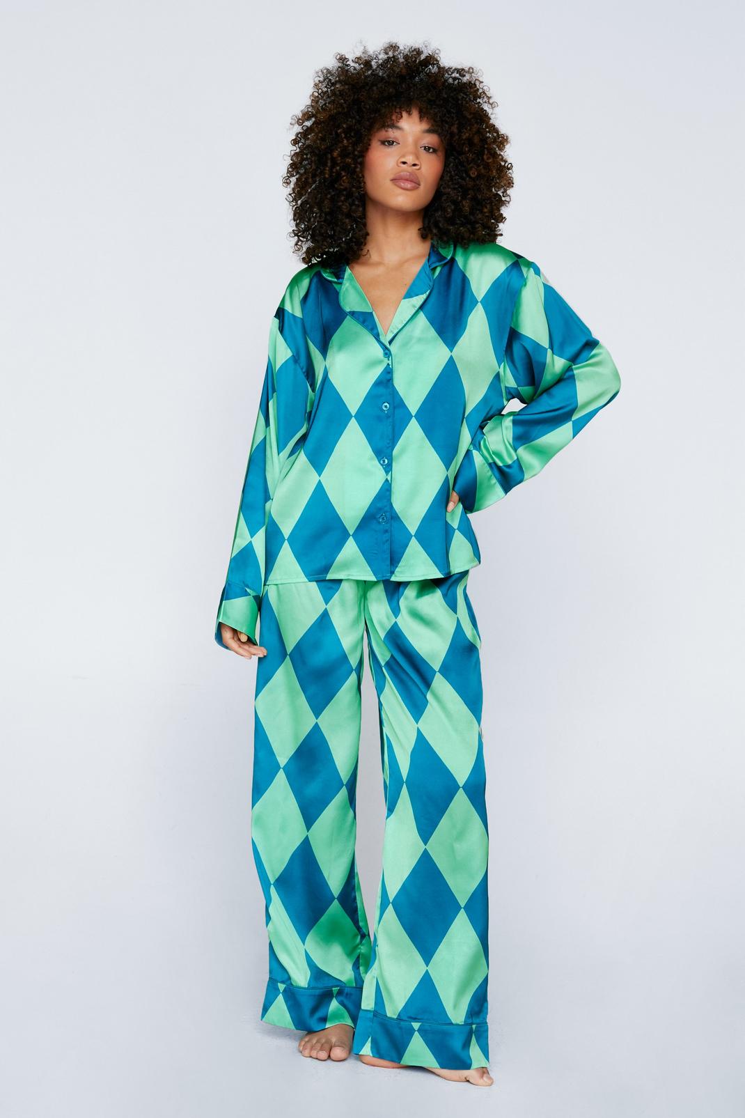Green Satin Diamond Check Pajama Shirt And Trouser Set image number 1