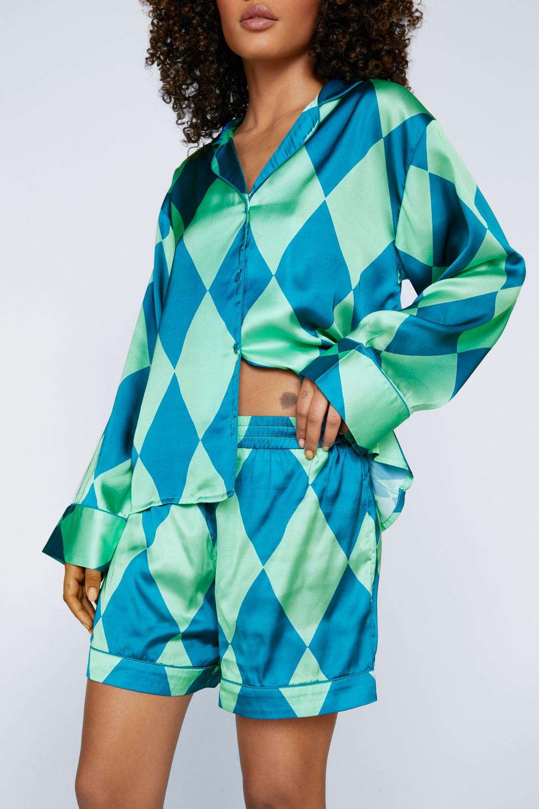 Green Satin Diamond Pajama Shirt And Shorts Set image number 1