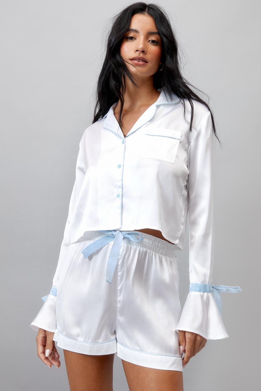 Ivory Satin Contrast Velvet Tie Cuff Pyjama Shirt and Shorts Set image number 1