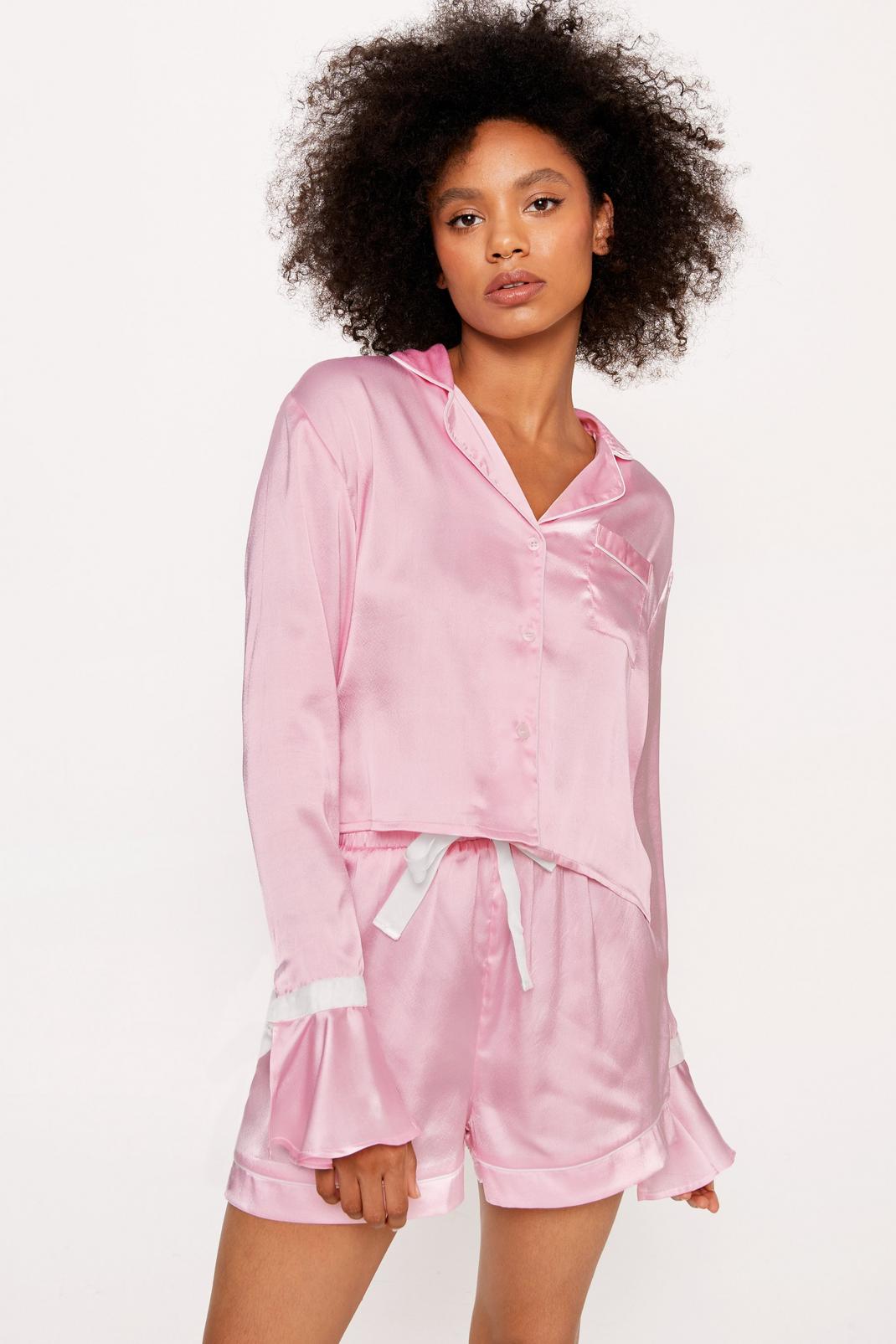 Mauve Satin Contrast Tie Cuff Pajama Shirt And Shorts Set image number 1