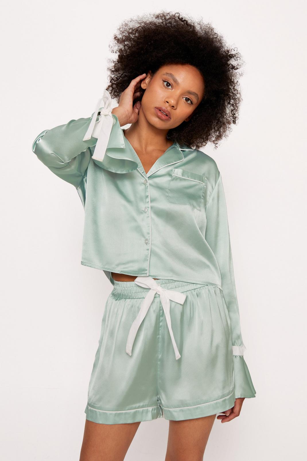Sage Satin Contrast Velvet Tie Cuff Pajama Shirt and Shorts Set image number 1