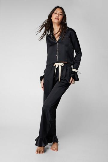Black Satin Contrast Velvet Tie Cuff Pajama Shirt and Pants Set