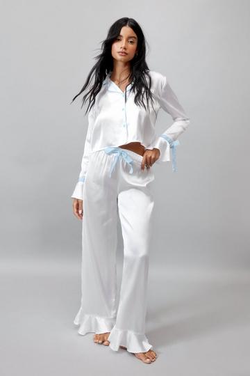 Satin Contrast Velvet Tie Cuff Pajama Shirt and Pants Set ivory