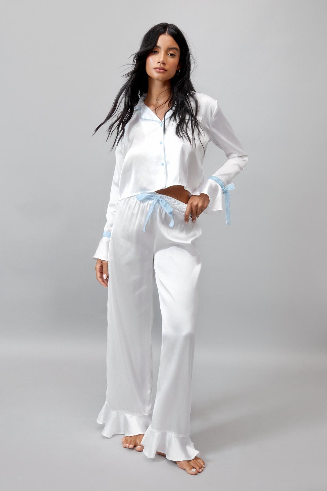 Ivory Satin Contrast Velvet Tie Cuff Pyjama Shirt and Trousers Set image number 1
