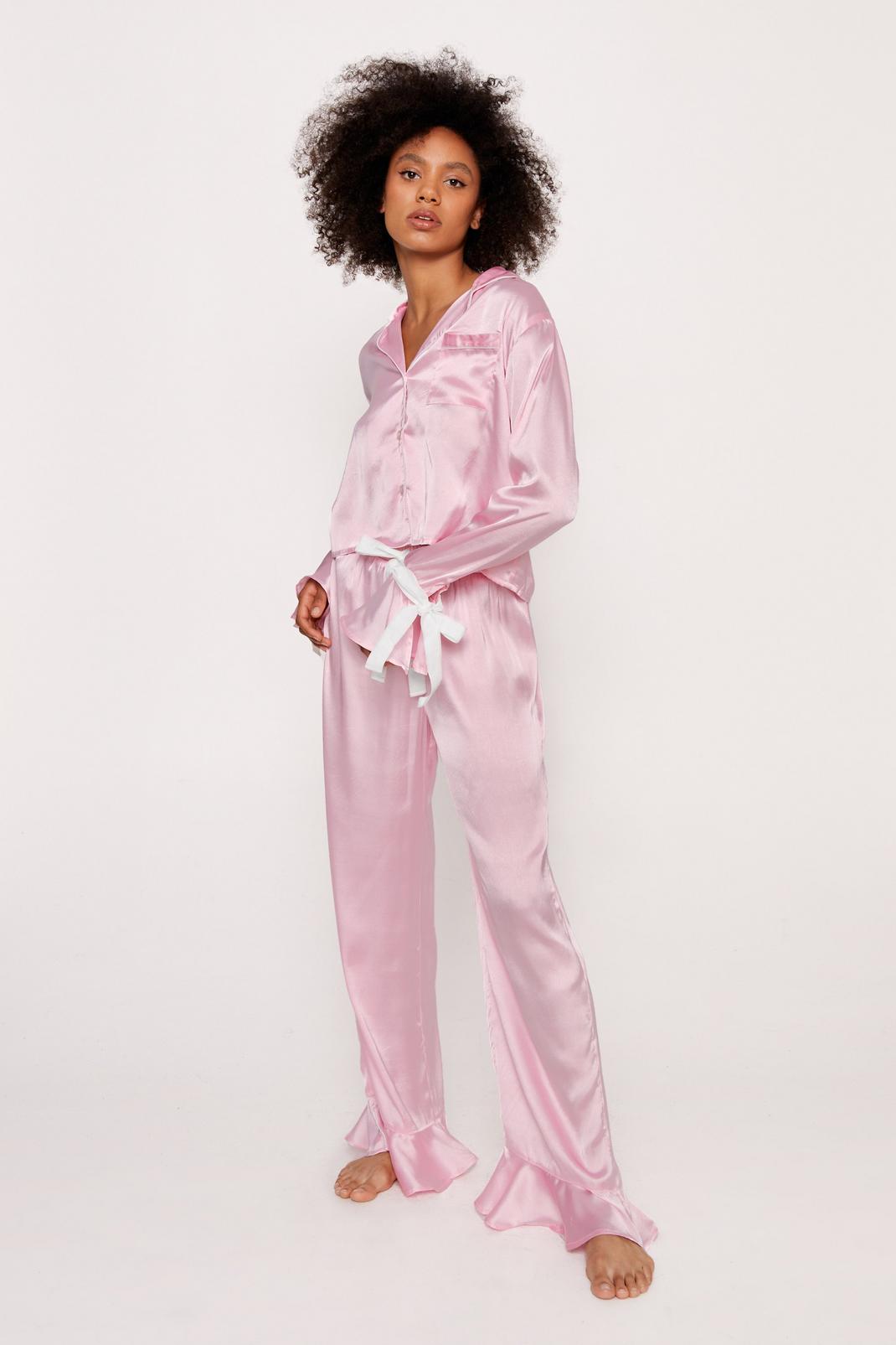 Mauve Satin Contrast Velvet Tie Cuff Pajama Shirt and Pants Set image number 1