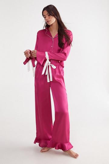 Satin Contrast Velvet Tie Cuff Pajama Shirt and Pants Set plum