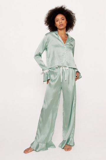 Satin Contrast Velvet Tie Cuff Pajama Shirt and Pants Set sage