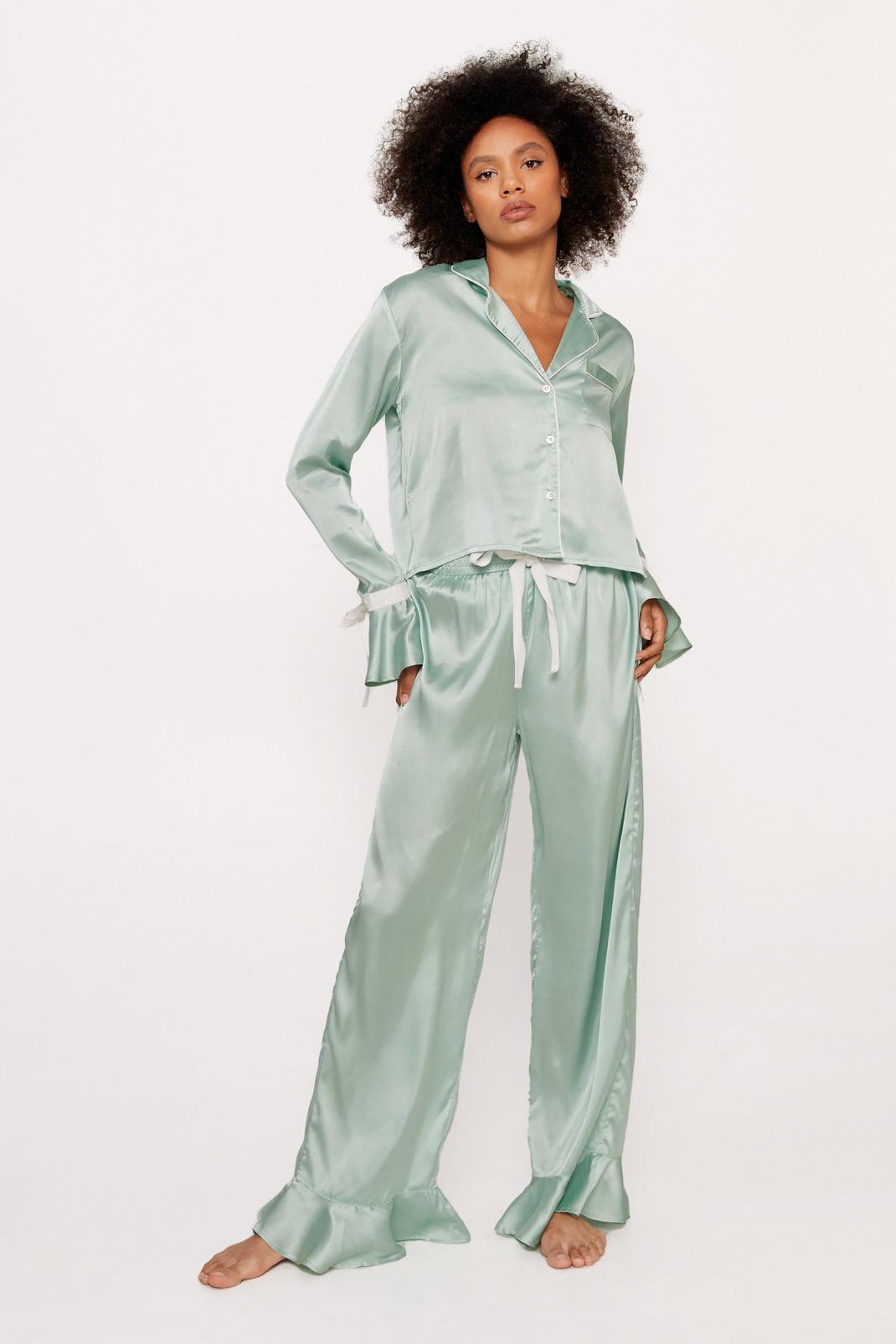 Sage Satin Contrast Tie Cuff Pajama Shirt And Pants Set image number 1