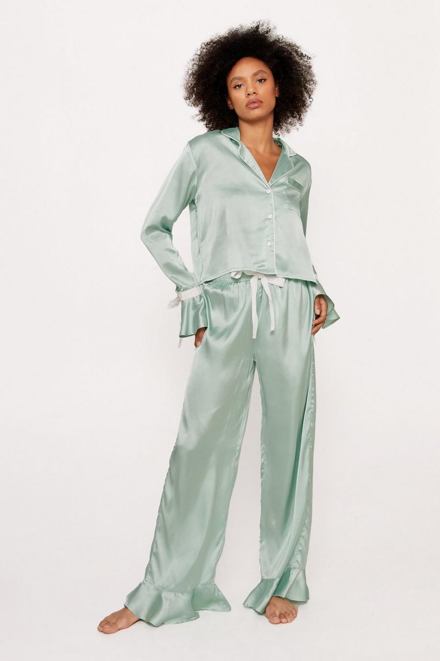 Satin Contrast Velvet Tie Cuff Pyjama Shirt and Trousers Set