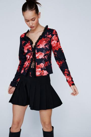 Lace Trim Printed Tie Front Top red