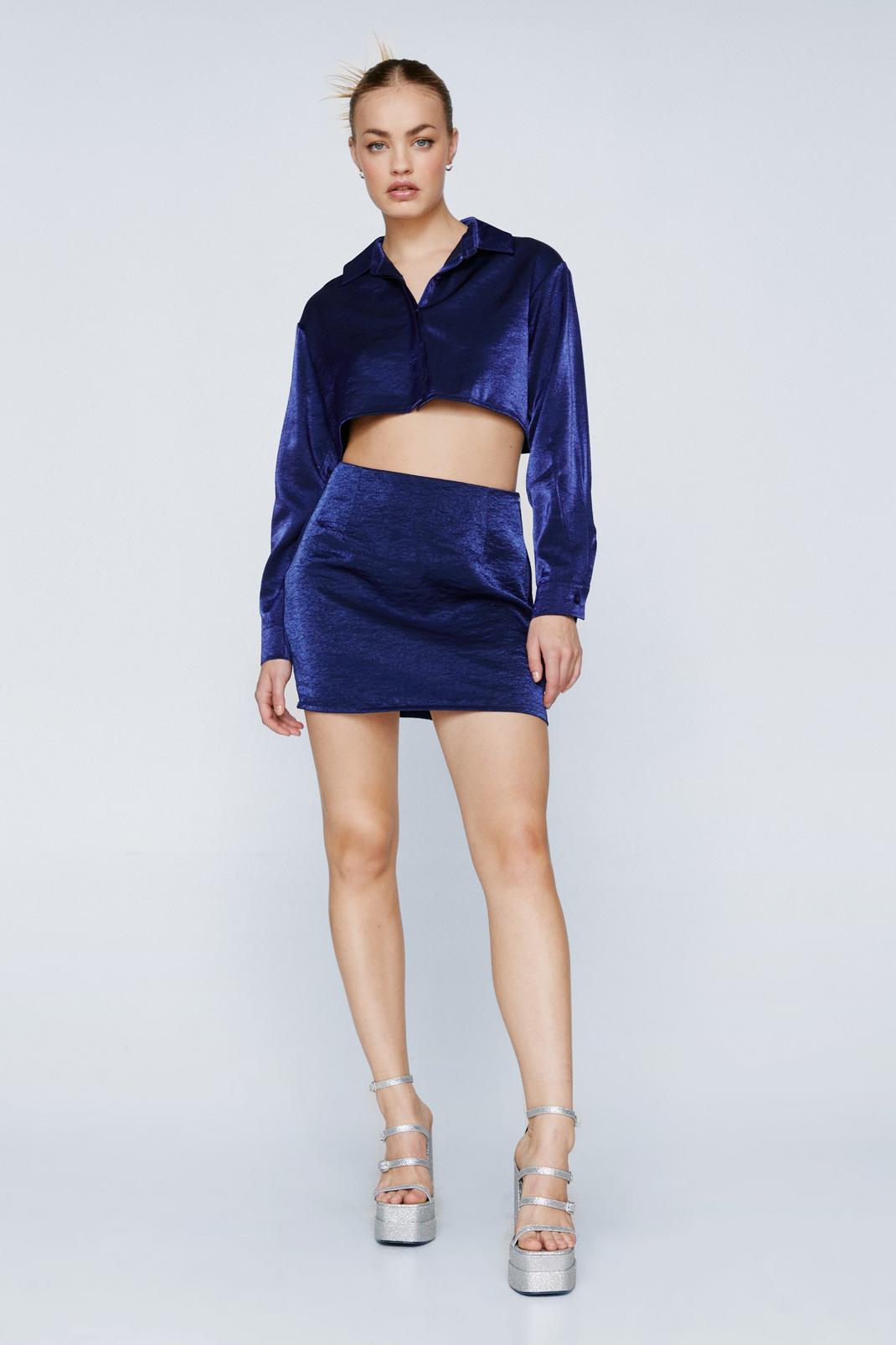 Navy Petite Shimmer Cropped Long Sleeve Shirt image number 1