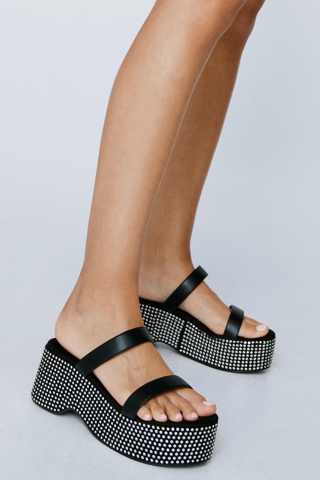 Black Faux Leather Double Strap Embellished Platform Sandals image number 1