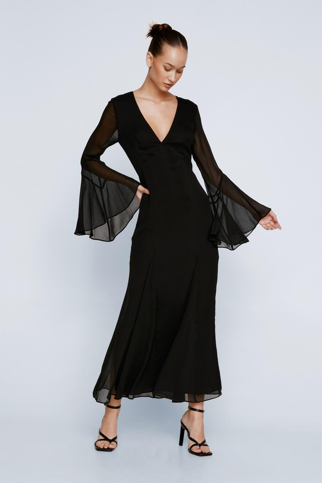 Black Petite Chiffon Long Sleeve Panelled Maxi Dress image number 1