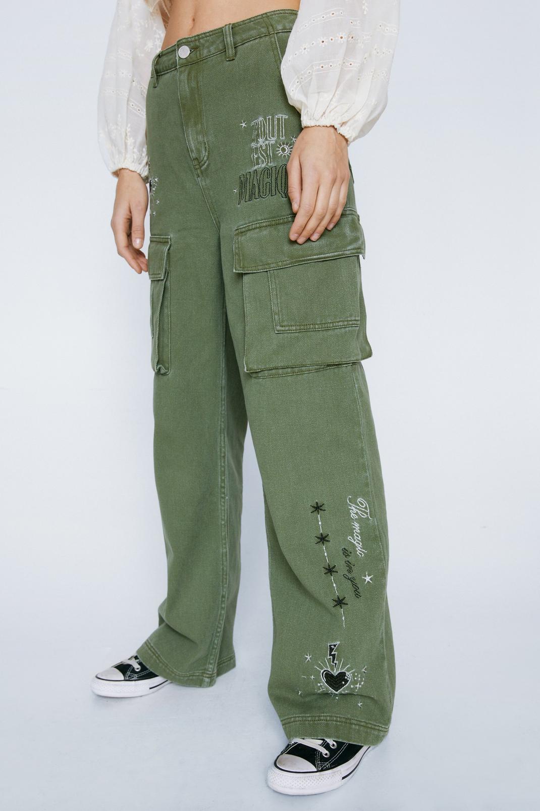 Washed khaki Premium Silver Embroidered Cargo Pants image number 1