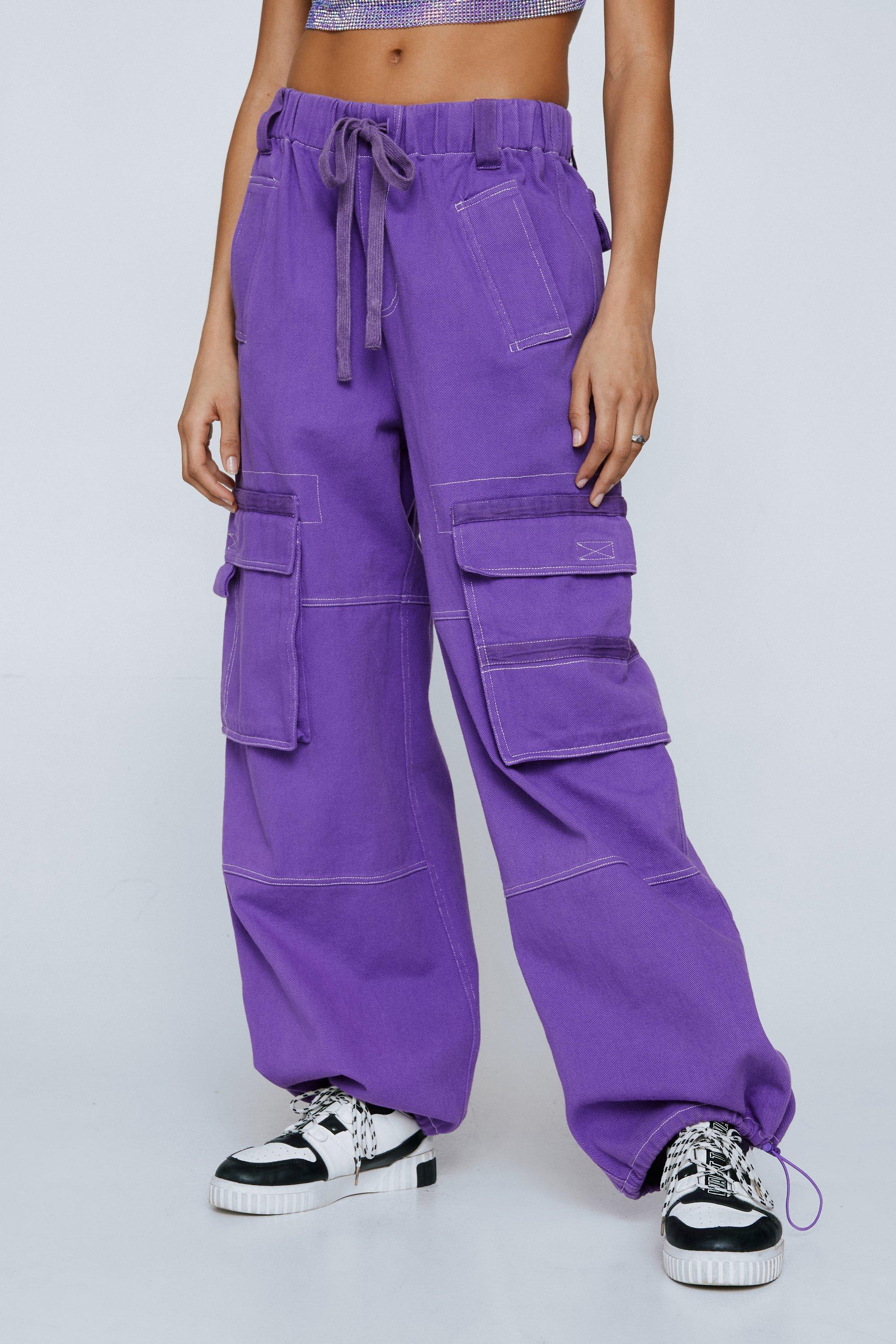 Purple and pink design pocket straight loose cargo pants – Belchic