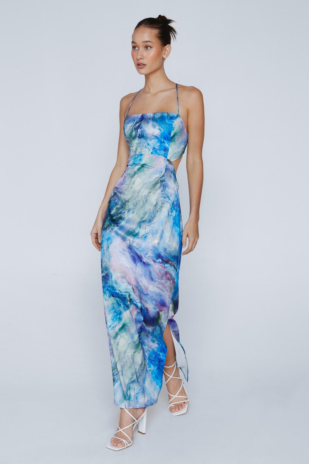 Blue Petite Strappy Marble Tie Back Maxi Dress image number 1