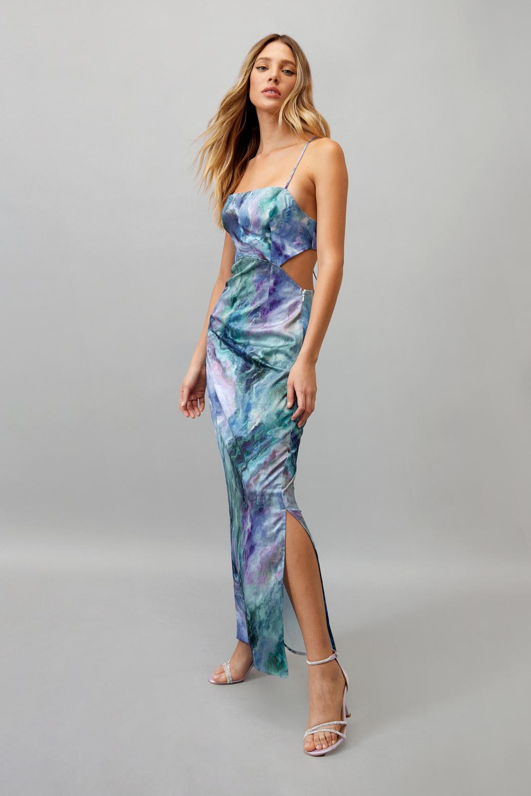 Blue Strappy Marble Tie Back Maxi Dress image number 1