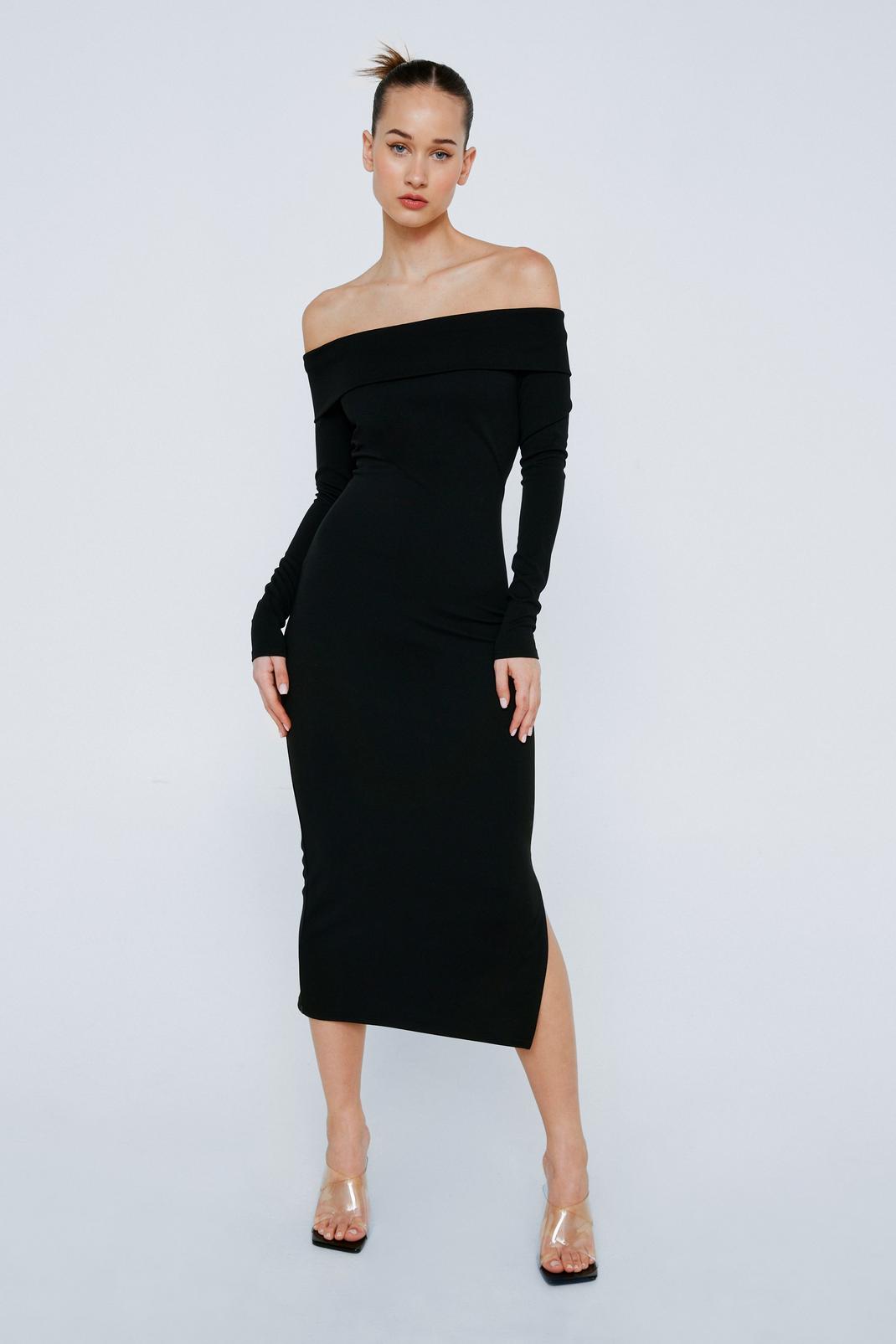 Black Off The Shoulder Crepe Midi Dress image number 1