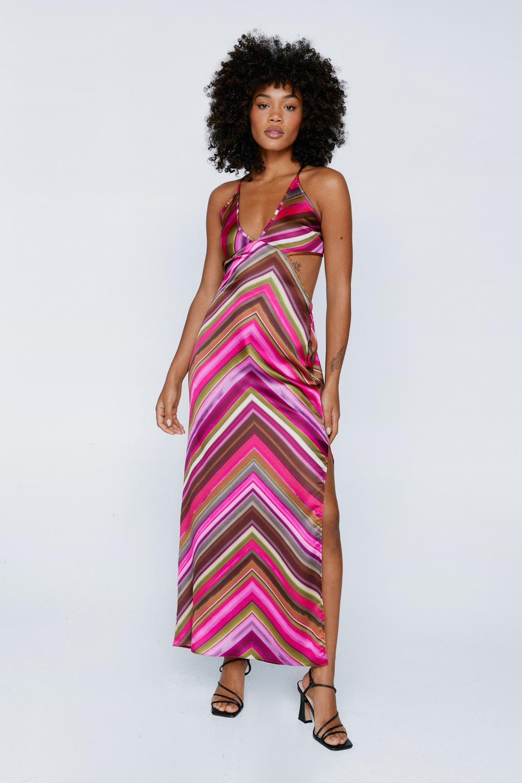 Purple Stripe Print Satin Tie Back Slip Dress image number 1