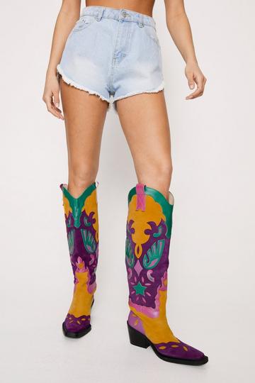 Leather And Suede Color Block Cowboy Boots purple
