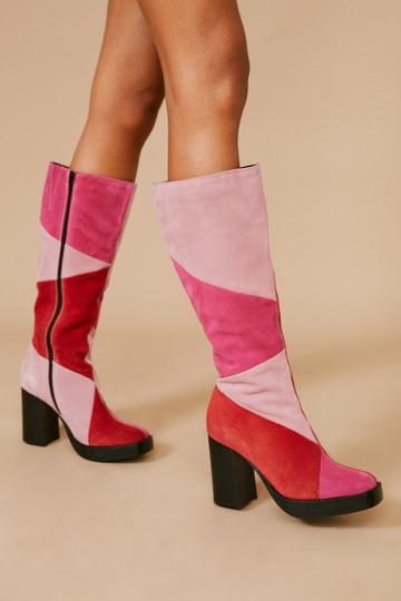 Real Suede Platform Knee High Boots pink