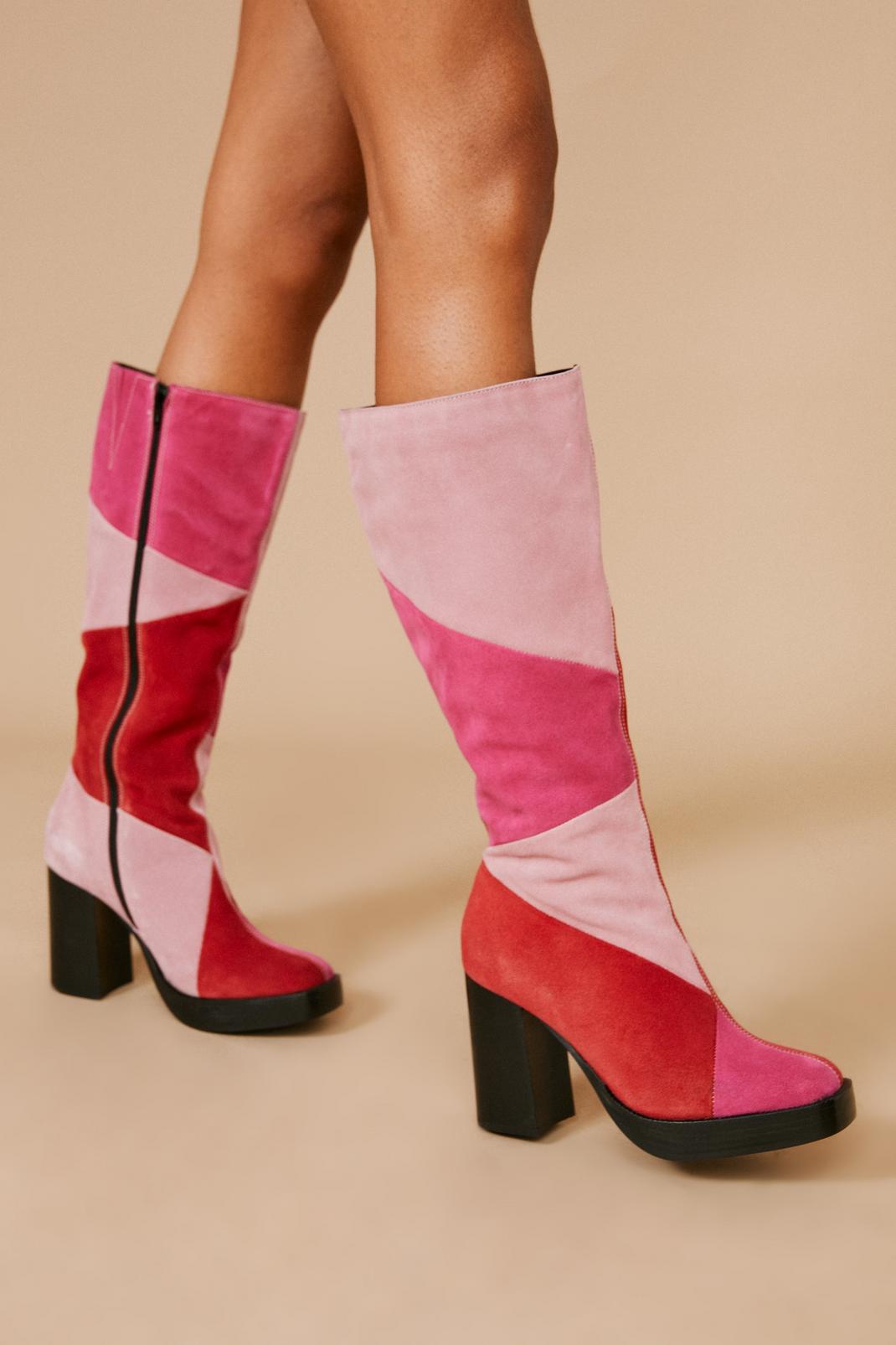Pink Real Suede Platform Knee High Boots image number 1