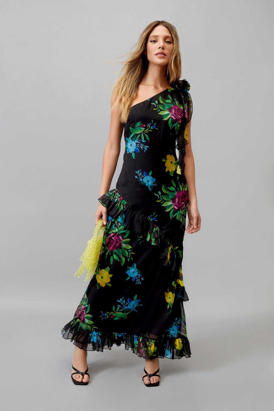 Black Floral Chiffon Ruffle One Shoulder Maxi Dress image number 1