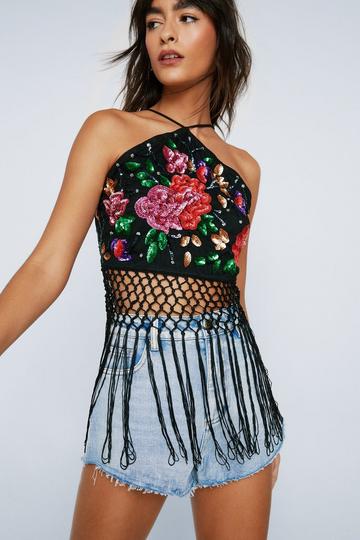 Floral Embellished Tassel Hem Halter Top black