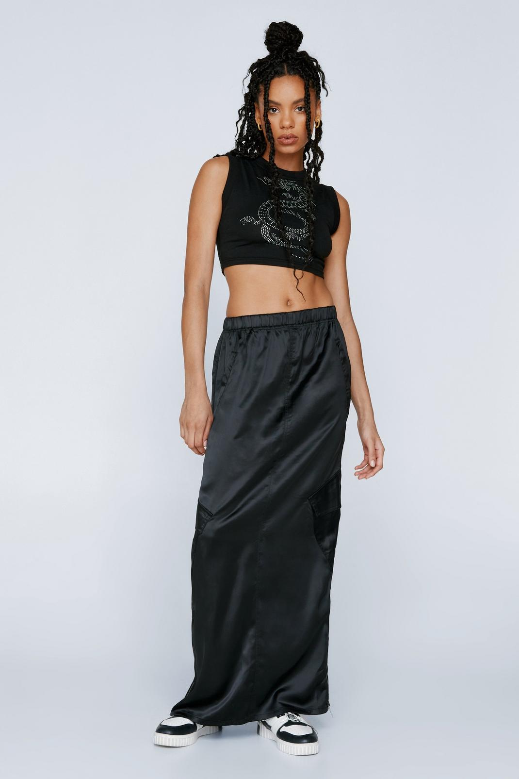 Black Satin Mid Rise Cargo Maxi Skirt image number 1