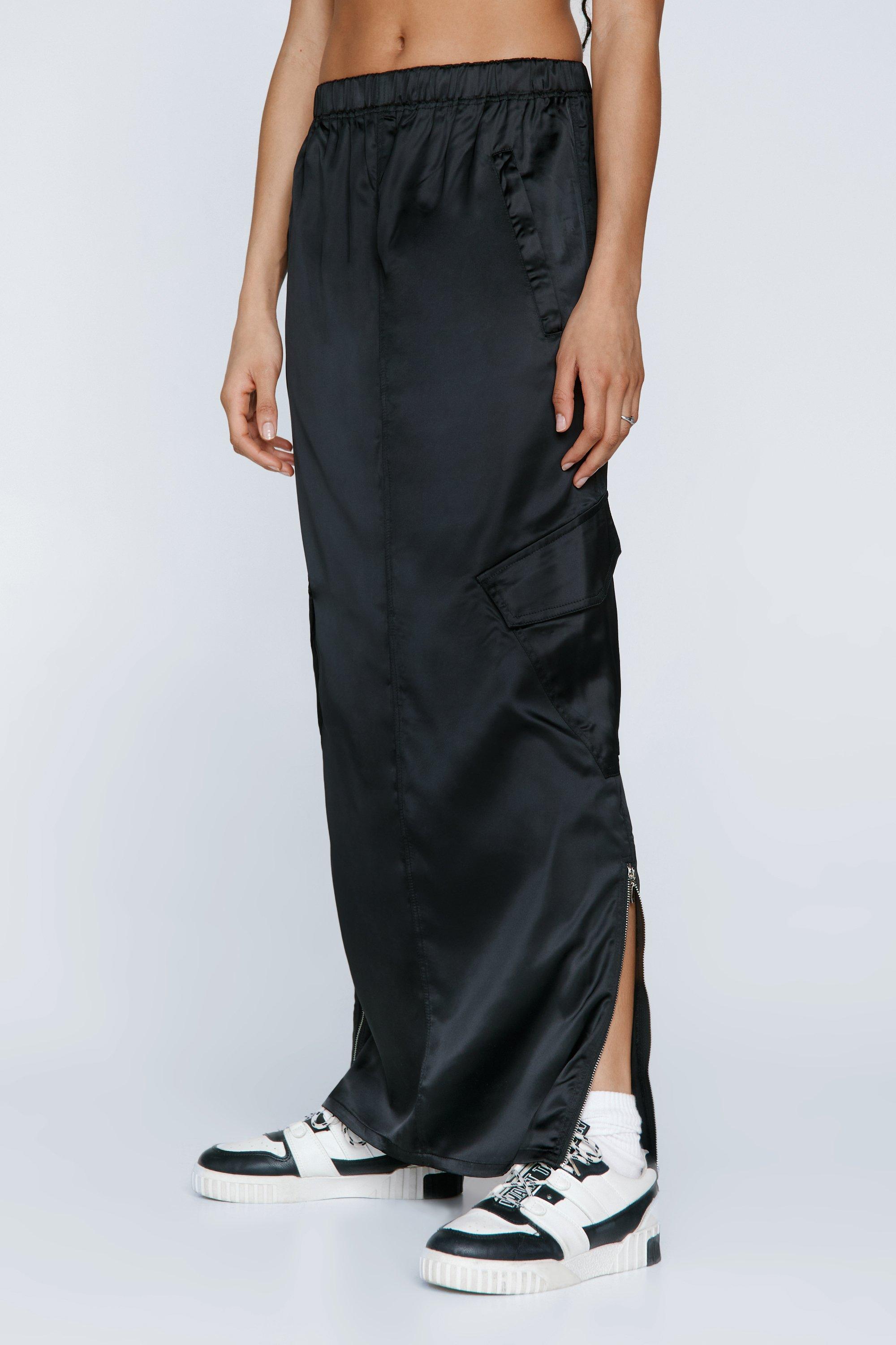 Black satin maxi skirt with pockets hotsell