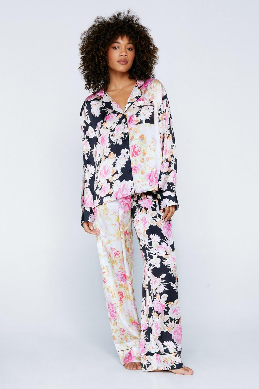 Satin Floral Print Colorblock Pajama Pants Set