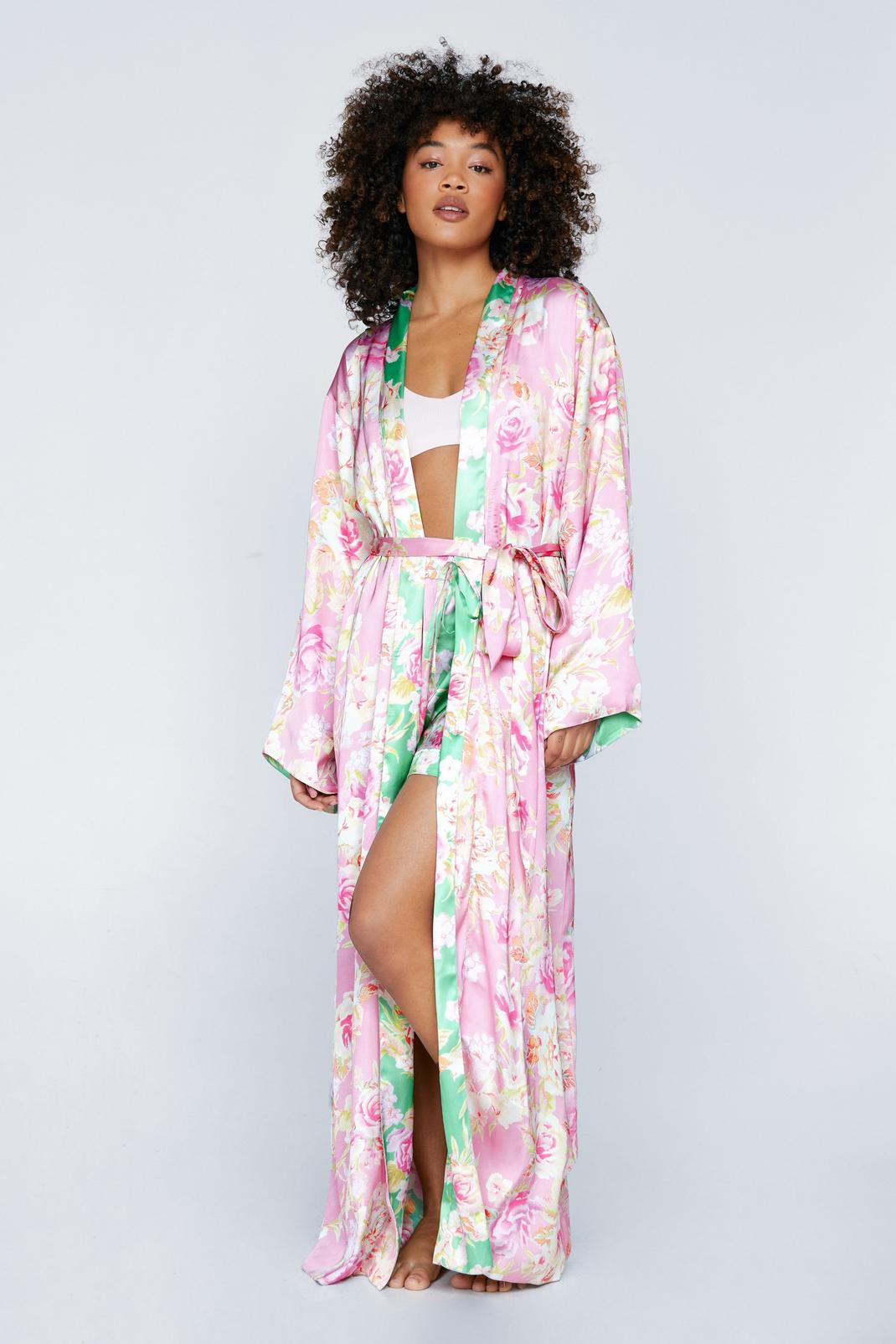 Green Satin Floral Reversible Maxi Robe image number 1