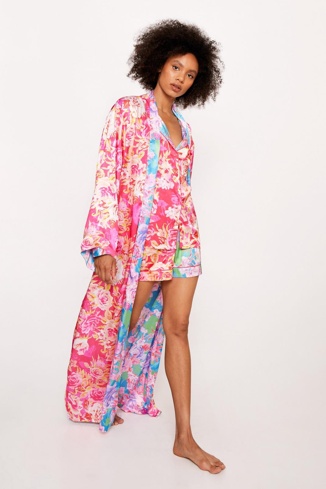 Hot pink Satin Floral Reversible Maxi Robe image number 1