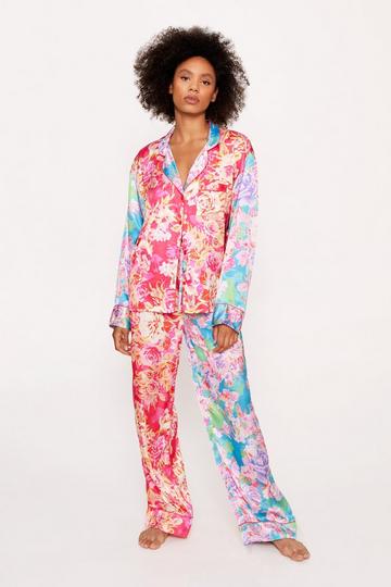 Pink Satin Floral Print Colorblock Pajama Pants Set