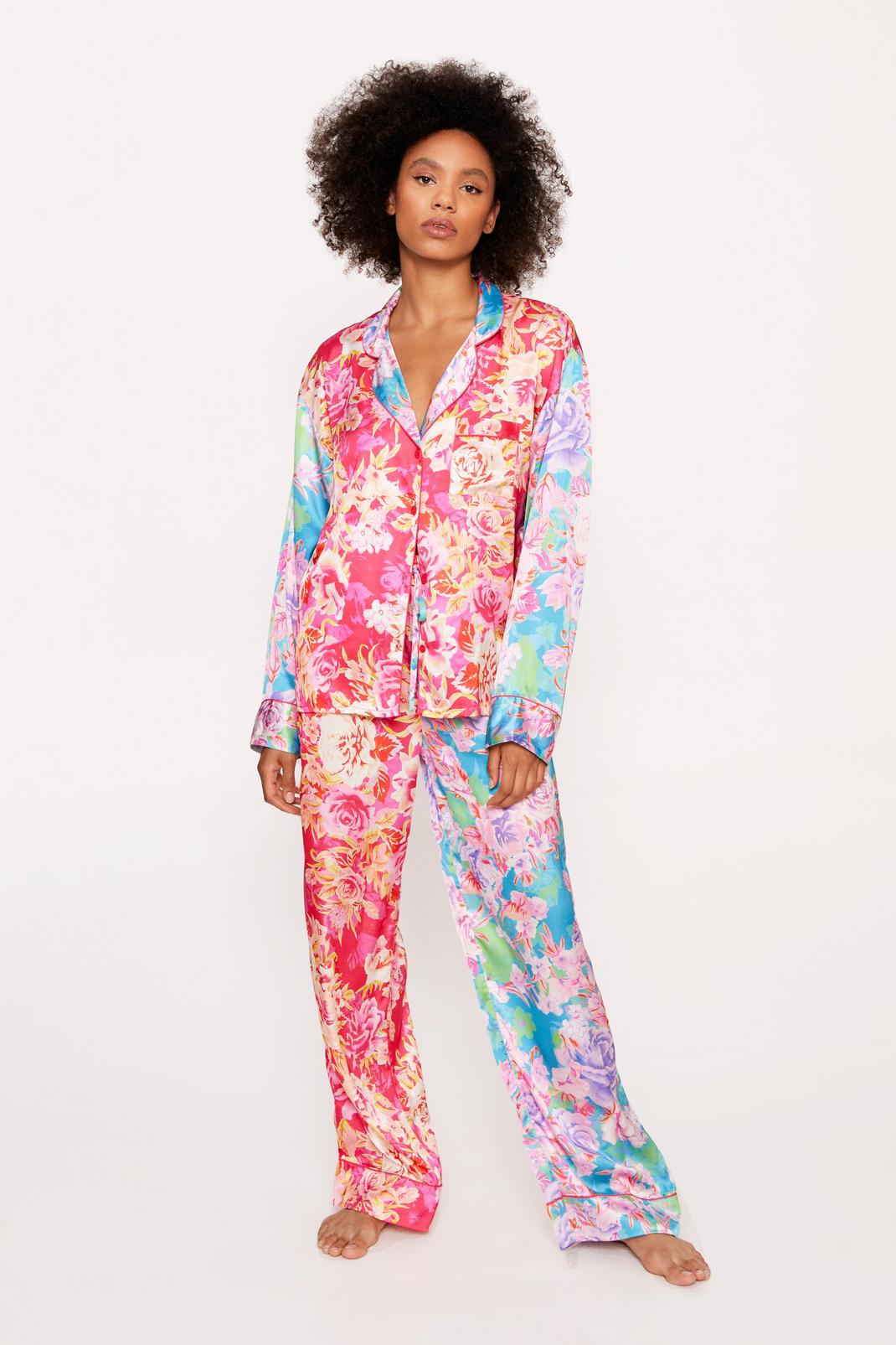 Hot pink Satin Floral Print Color Block Pajama Trouser Set image number 1