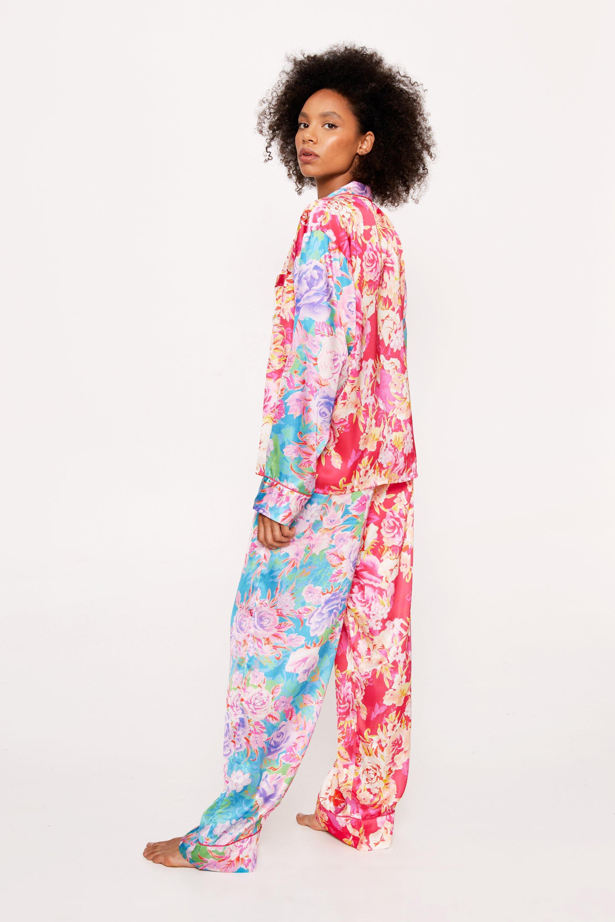 Satin Floral Print Colour Block Pyjama Trousers Set