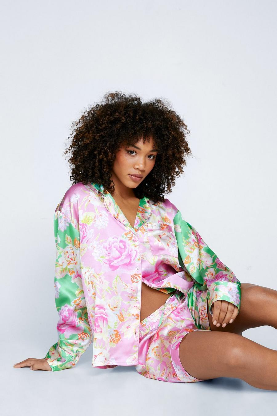 Satin Floral Print Colorblock Pajama Shorts Set